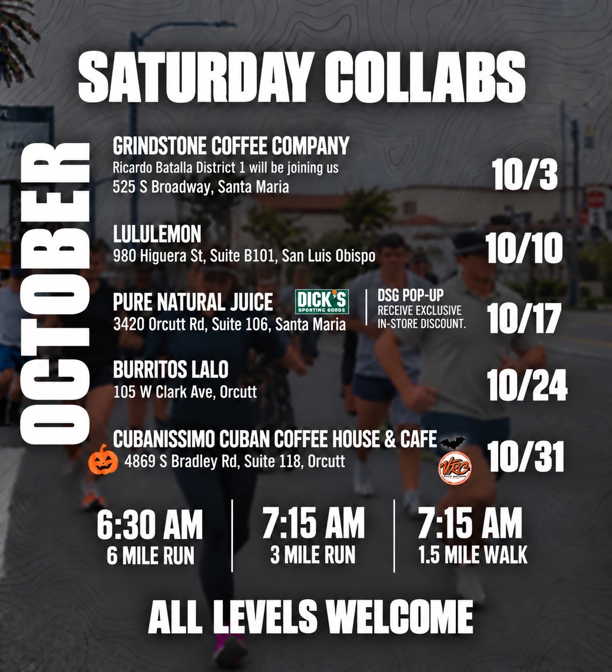October Saturday Collabs fitness event schedule listing five local coffee shops with running and walking times for all levels