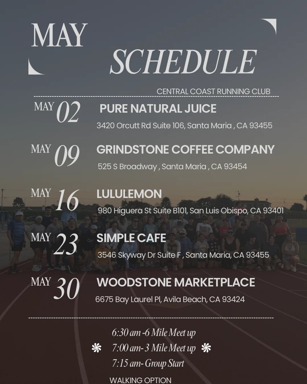 May running schedule for Central Coast Running Club featuring five locations and dates with meet-up times