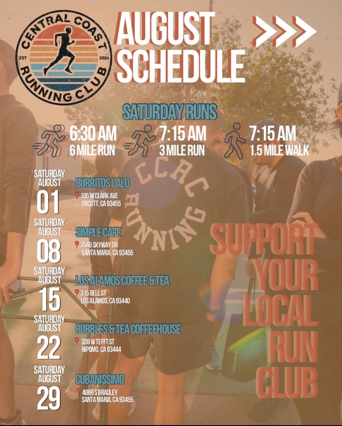 Central Coast Running Club August schedule showing Saturday runs at 6:30 AM, 7:15 AM, and 7:15 AM for 6-mile, 3-mile, and 1.5-mile walk respectively, with five event dates and locations