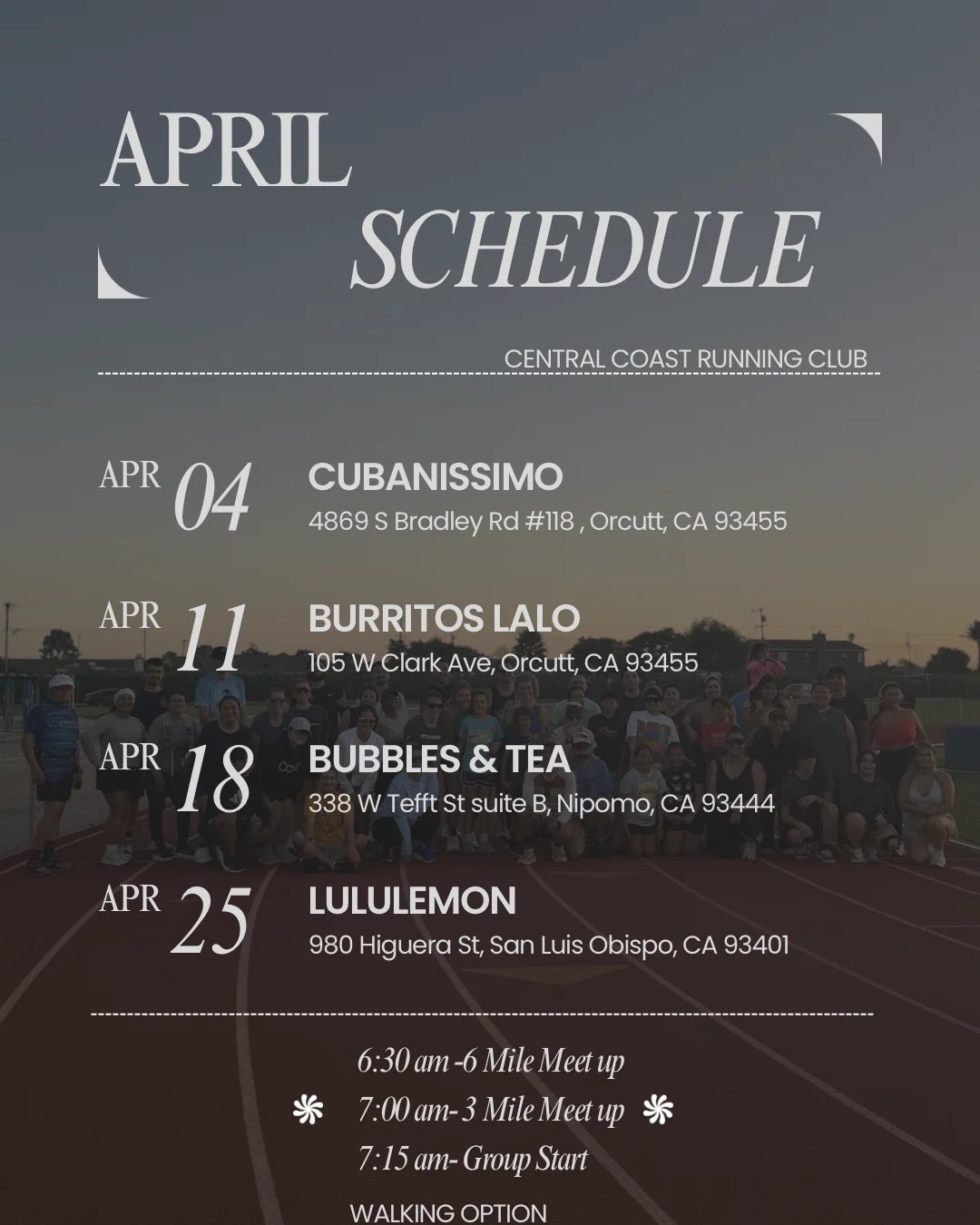April running schedule for Central Coast Running Club with four events listed on specific dates at different California locations