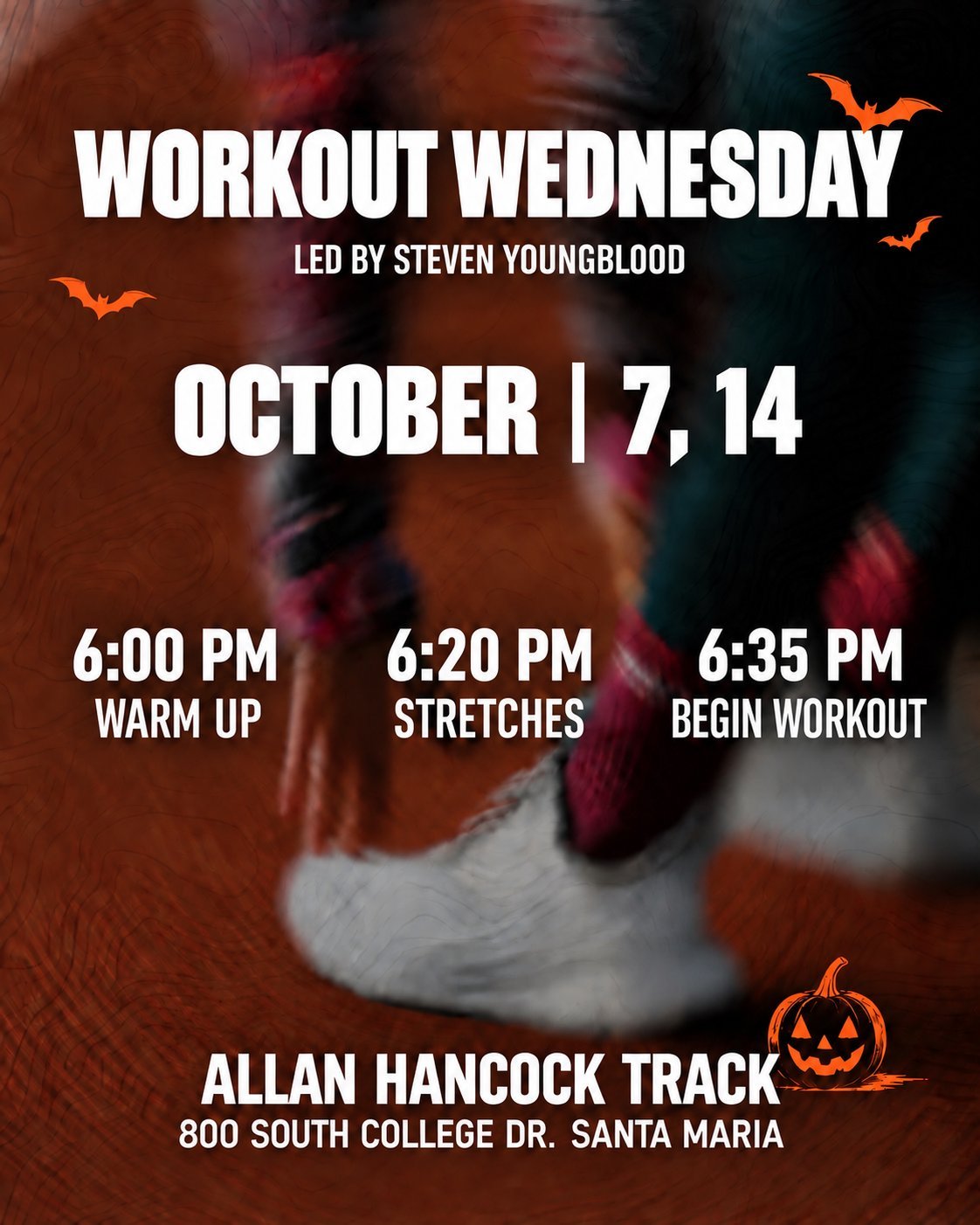 Workout Wednesday event poster led by Steven Youngblood on October 7 and 14 at Allan Hancock Track, with Halloween-themed graphics and orange bats.